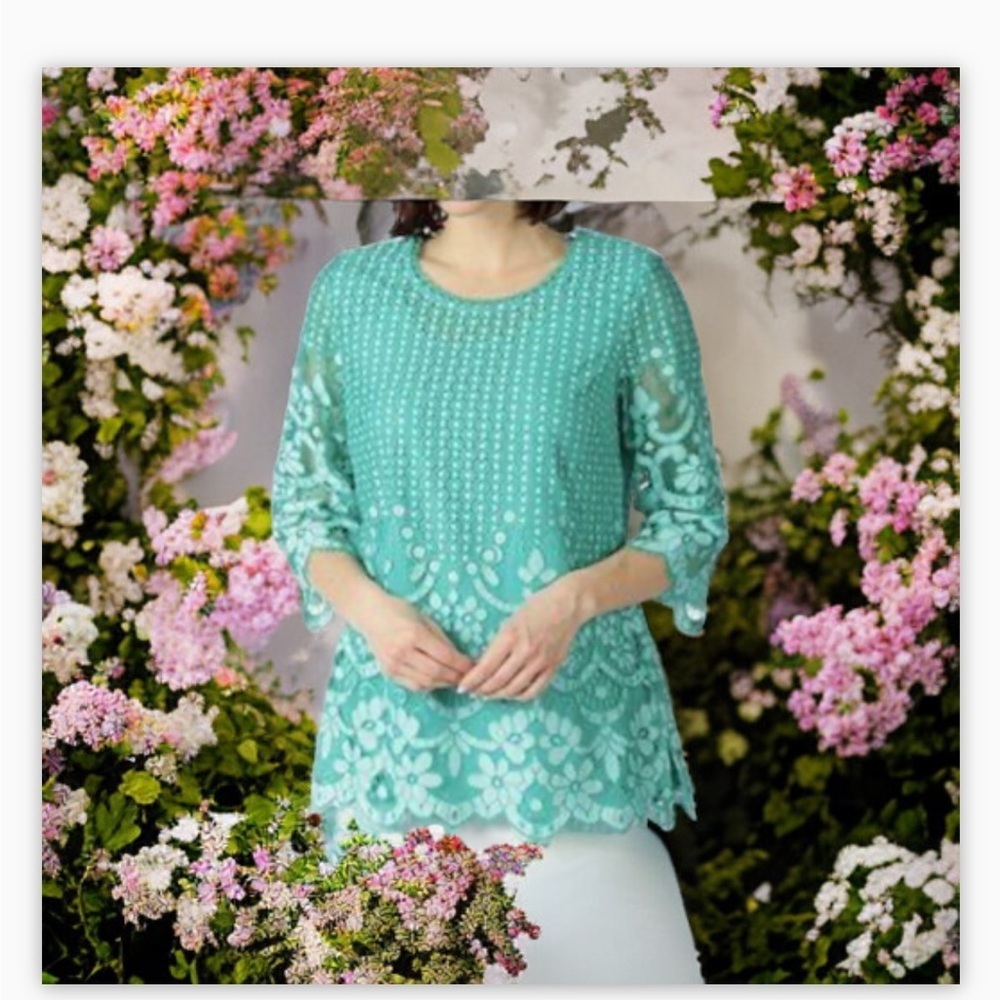 Isaac Mizrahi Live! Green Crochet Lace Overlay Tunic Top Sz Lg beautifu…